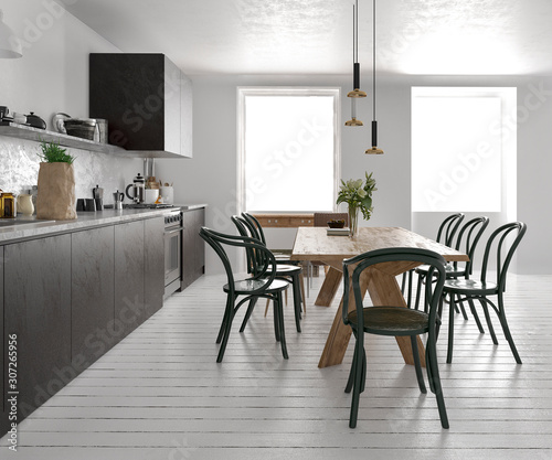 3d rendering scandinavian vintage kitchen with dining table