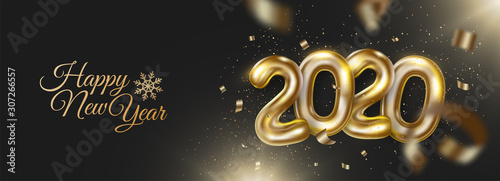 Happy new 2020 year banner with realistic golden numbers and confetti, tinsel. Festive decoration on dark background. Vector holiday illustration for banner, postcard, website.