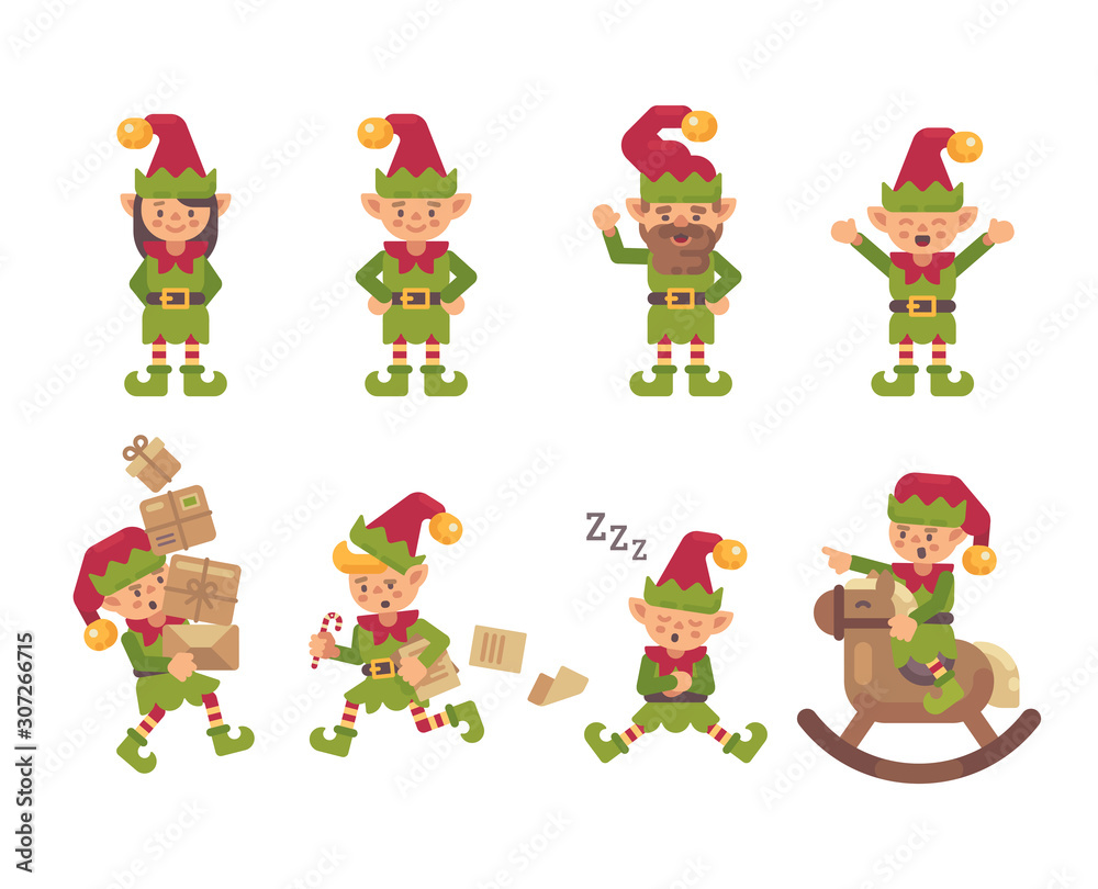 Fototapeta premium Christmas elves collection. Holiday characters flat illustration
