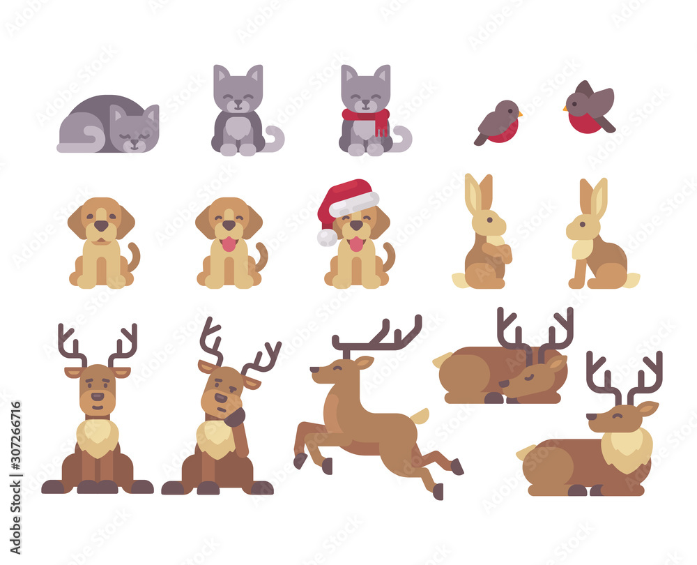Obraz premium Christmas animals collection. Cute animals flat illustration
