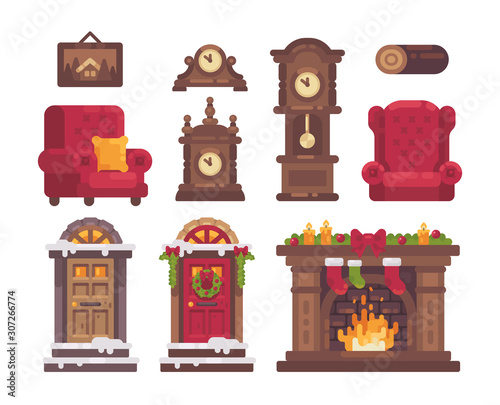 Christmas interior items collection. Holiday flat illustration