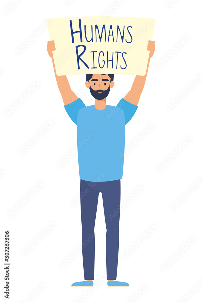 young man with human rights label character young man with human rights label character