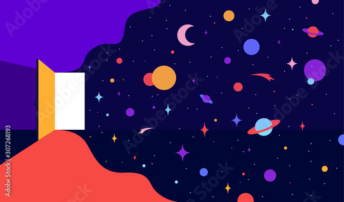 Open door with universe dreams. Modern flat illustration