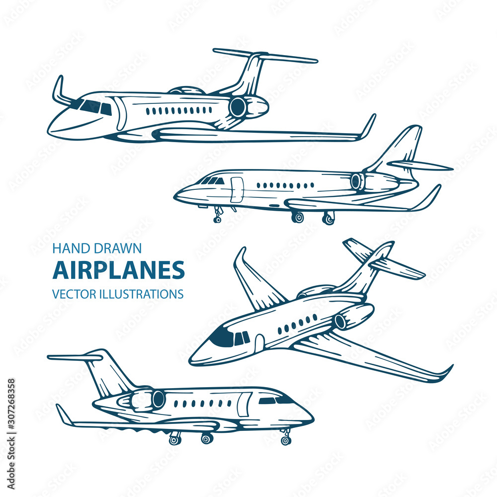 Airplane. Airplanes hand drawn vector illustrations set.  