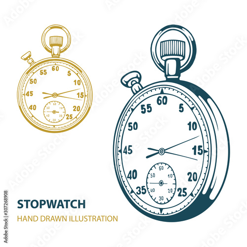 Stopwatch. Stopwatch hand drawn vector illustration isolated on white background. Stopwatch sketch drawing. Part of set.