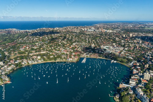 Canvas Print Aerial view of Sydney darling Point coastal suburbs with double Bay with yachts