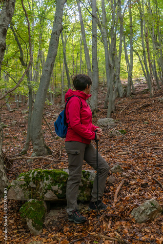 mature girl enjoys the nature of a beech forest with her cell phone