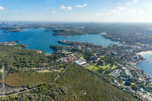Aerial view of Sydney suburb of Manly with beaches and parks