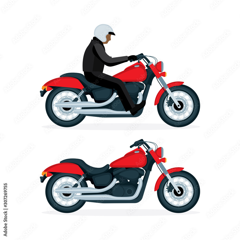 Fototapeta Motorcycle and motorcyclist realistic flat style vector illustrations set. Motorbike on a white background. Vintage chopper motorcycle.