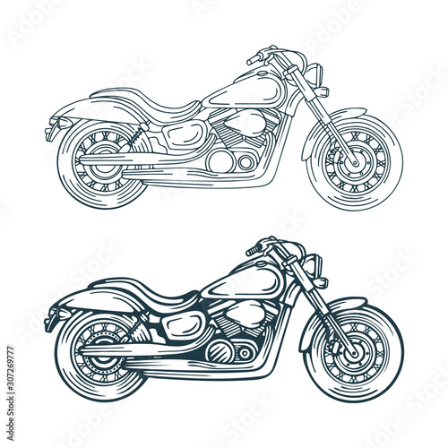 Motorcycle hand drawn vector illustrations set. Motorbike isolated on a white background. Vintage chopper motorcycle.