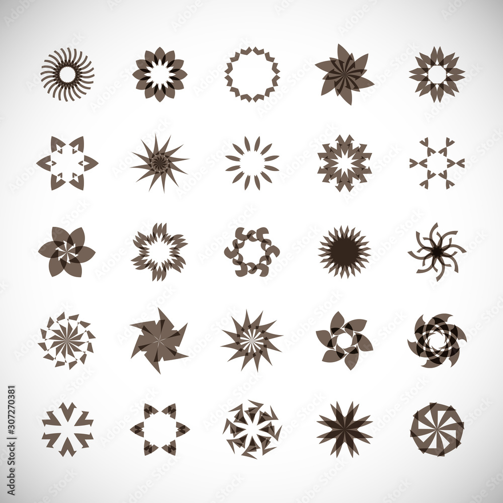 Abstract Circle Logo Set. Vector Isolated On Gray. Abstract Circular Logo For Company Symbol, Star, Tech Icon And Element Design. Creative Icons For Flower And Decorative Logo. Abstract Round Template