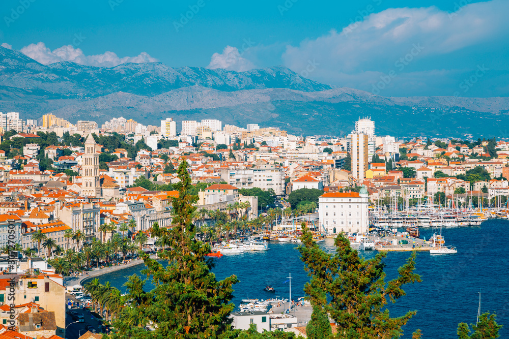 Riva street and old town panorama view in Split, Croatia