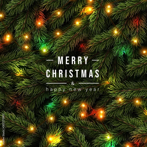 Merry Christmas greeting banner with Chrirstmas decor fir twigs and confetti, vector illustration.