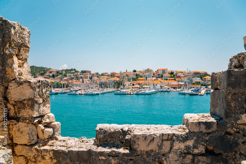 Adriatic sea and harbor view from Kamerlengo castle and fortress in Trogir, Croatia