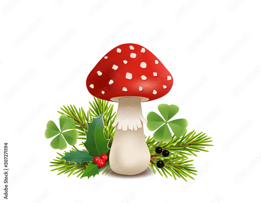 Silvester Karte Glücks-Pilz, Fliegenpilz als Glücksbringer mit Ilex Zweig, Kleeblätter, Tannenzweige und Beeren, Vektor Illustration isoliert auf weißem Hintergrund