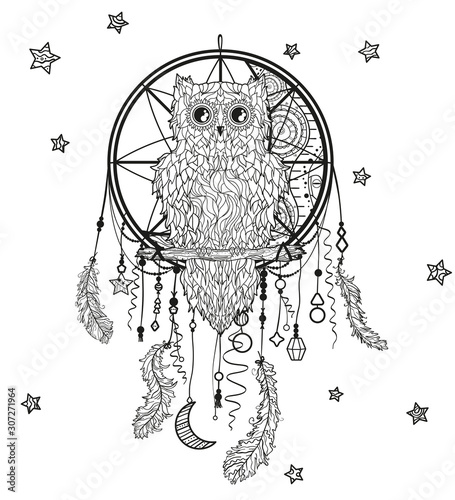 Dreamcatcher on white. Abstract owl sitting on dreamcatcher. Mystic symbol with patterned bird. Black and white illustration for colouring