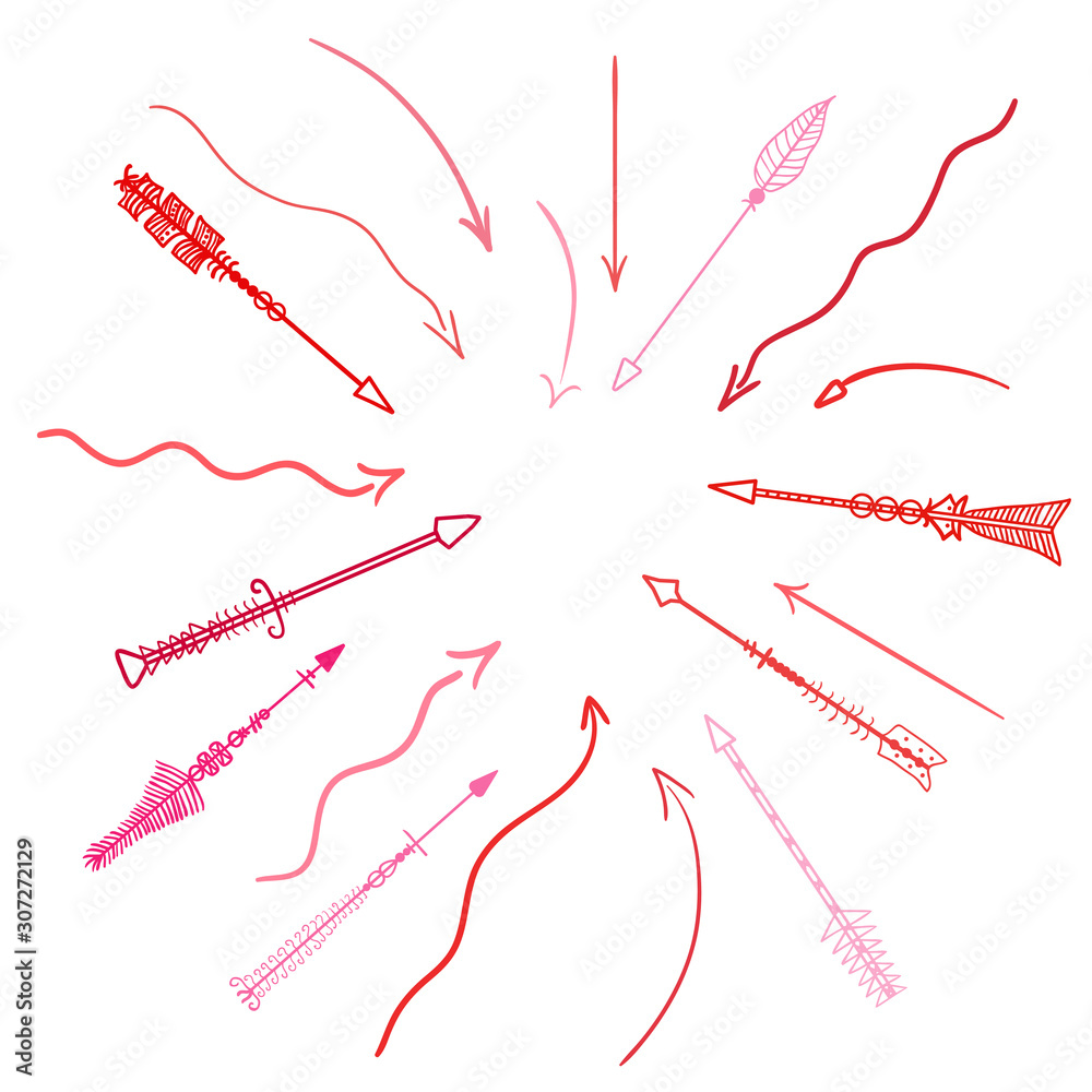 Colored arrows isolated on white. Set of different indicator signs. Hand drawn simple pointers Colored arrows isolated on white. Set of different indicator signs. Hand drawn simple pointers