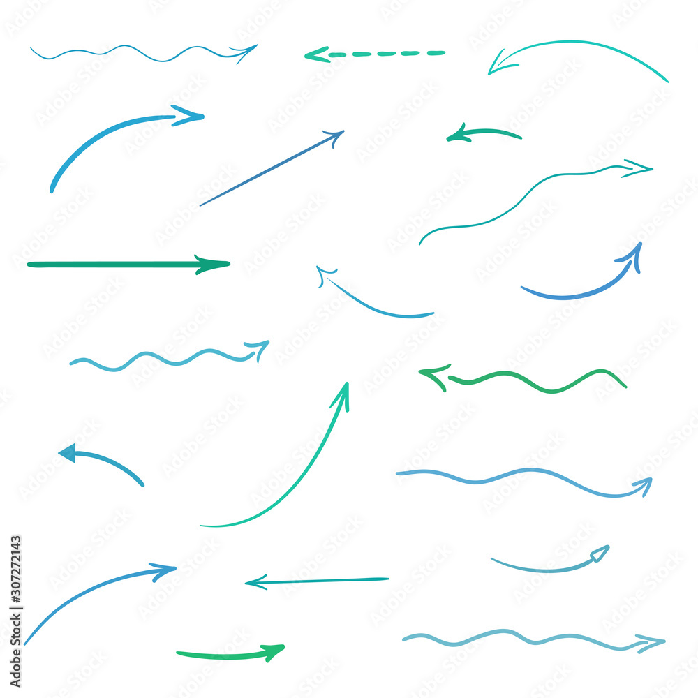 Colored infographic elements isolated on white. Set of sketchy arrows. Symbols for work Colored infographic elements isolated on white. Set of sketchy arrows. Symbols for work