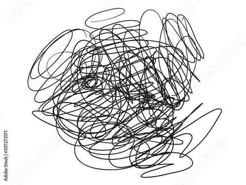 Chaos on white. Tangled lines. Hand drawn dinamic scrawls. Black and white illustration