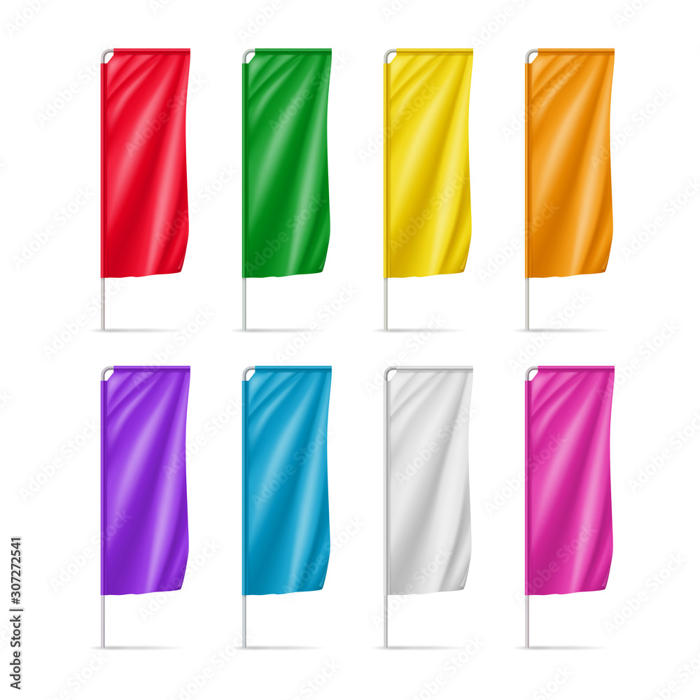 Colorful vertical flags set isolated on white background. Realistic blank flag mockup for outdoor event presentation and exhibition. Product branding, advertising and promotion vector illustration.