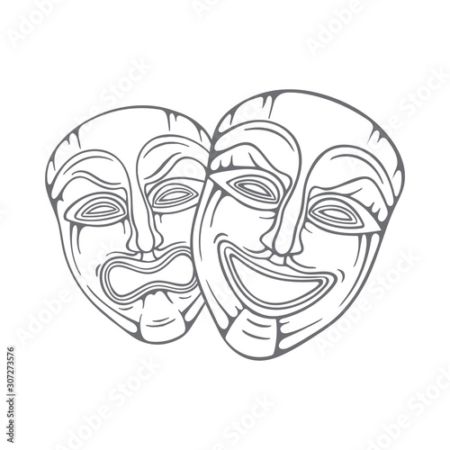 Theatrical masks. Comedy and tragedy masks hand drawn vector illustration. Happy and sad mask sketch drawing.