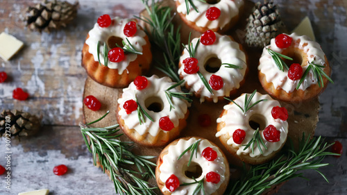Delicious and beautiful Christmas muffins in a Christmas decoration.