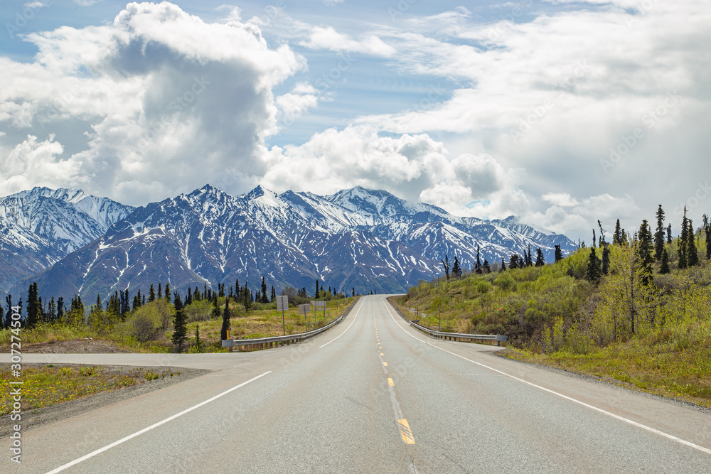 Fototapeta premium Scenic road heading toward mountains in Alaska