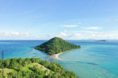 Aerial view beautiful landscape, island and blue ocean in Semporna, Sabah, Malaysia also the home of nomadic sea gypsy.
