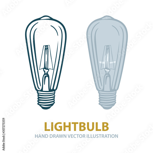 Lightbulb. Lightbulbs hand drawn vector illustrations set. Vintage lightbulb sketch drawing. Part of set.