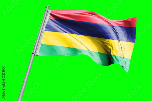 Mauritius Flag on Flagpole. Waving Rippled Flag Pole in the Wind.Design llustration in Silk Fabric Texture. Isolated on Chroma Key Green Screen Background