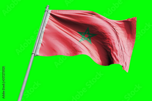 Morocco Flag on Flagpole. Waving Rippled Flag Pole in the Wind.Design llustration in Silk Fabric Texture. Isolated on Chroma Key Green Screen Background