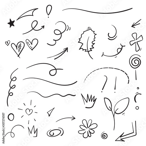 collection of doodle Swishes, swoops, emphasis doodles. Highlight text elements, calligraphy swirl, tail, flower, heart, graffiti crown.vector