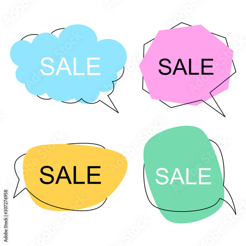 Set of flat colorful bubble speech vector. Banners, price tags, stickers, posters, badges. Isolated on white background.	
