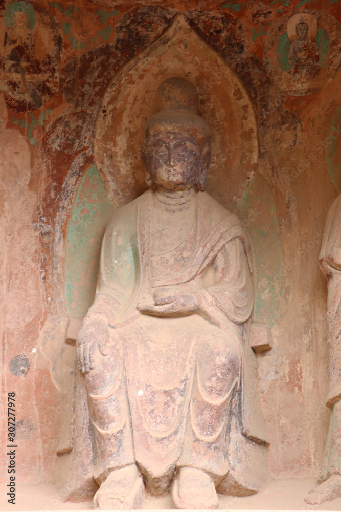 Buddhist sculpture in Bingling Temple and grottoes, Yongjing, Gansu Province, China.UNESCO World heritage site.(Silk Roads: the Routes Network of Chang'an-Tianshan Corridor)