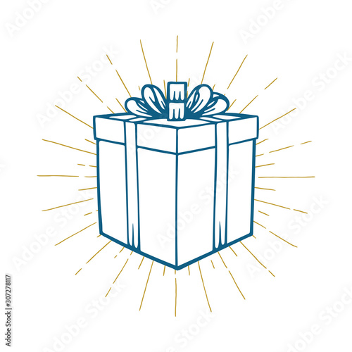 Gift Box. Hand drawn vector gift box with light rays. Gift box with shine sketch drawing. Part of set. 