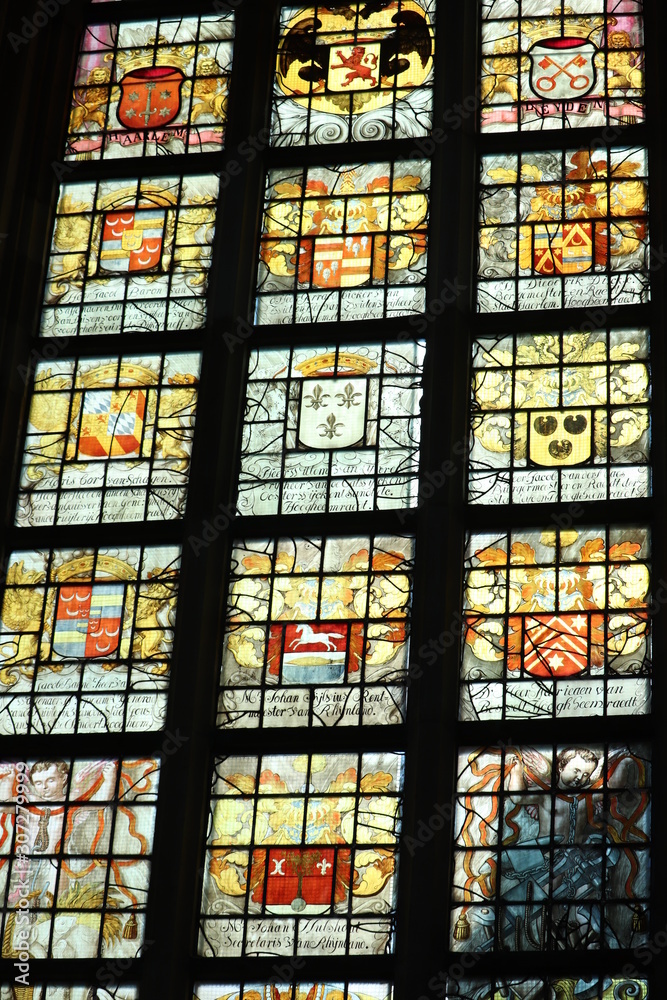 Haarlem, the Netherlands - october 6th, 2018: Stained glass in st Bavo church Haarlem, the Netherlands - october 6th, 2018: Stained glass in st Bavo church