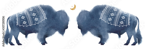 Watercolor realistic bison silhouette on white background