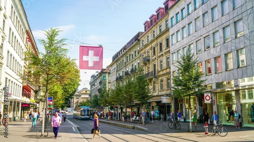 Zurich Switzerland, circa : Timelapse Shopping Street at Bahnhofstrasse in Zurich, Switzerland photo