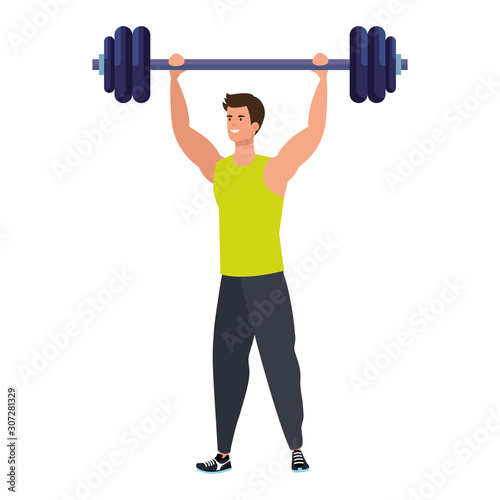 young man athlete with dumbbell avatar character vector illustration design