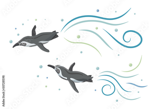 Humboldt penguins swimming like flying in the sky.
