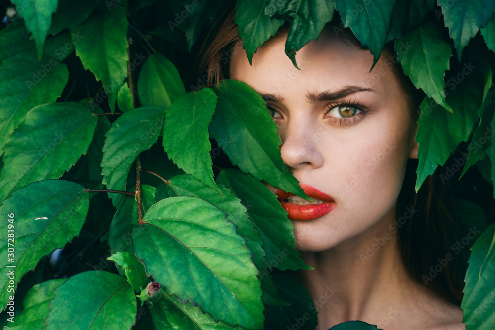 beautiful woman green leaves nature rest beautiful woman green leaves nature rest