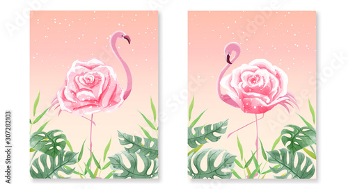 Set of beautiful flamingo rose among the tropical leaves on sweet background color. Design in watercolor painting technique. Aim using for Valentine's day card, wedding, poster, backdrop, and fabric.