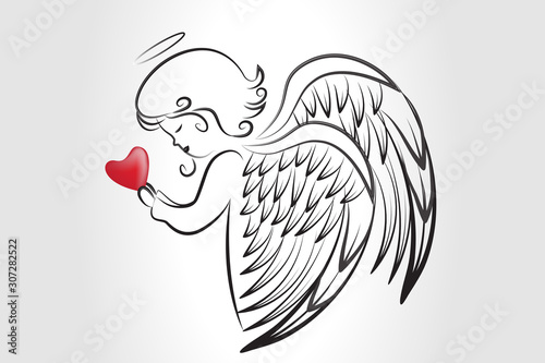 Angel wings praying love heart holidays sketch logo vector image
