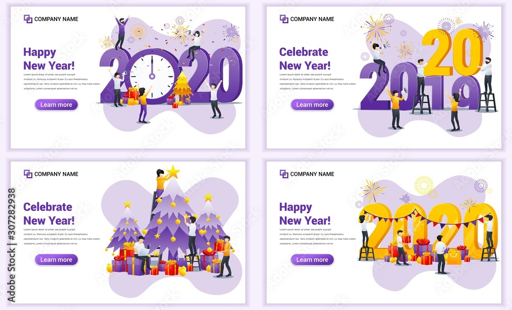 Set of web page design templates for Happy new year 2020, People celebrate new year, Christmas. Can use for web banner, poster, infographics, landing page, web template. Flat vector illustration