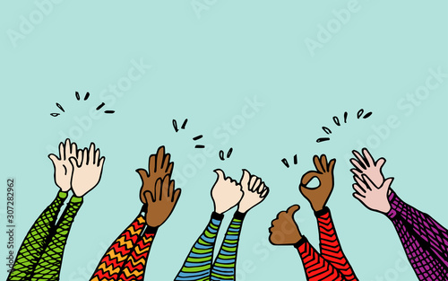 hand drawn of hands clapping ovation. applause, thumbs up gesture on doodle style , vector illustration