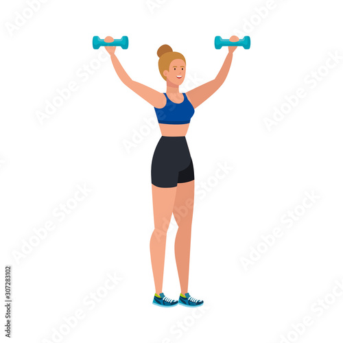 young woman athlete with dumbbell avatar character vector illustration design