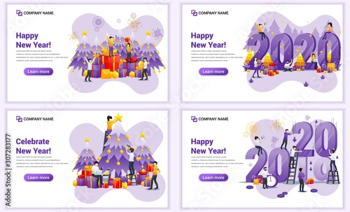 Set of web page design templates for Happy new year 2020, People celebrate new year, Christmas. Can use for web banner, poster, infographics, landing page, web template. Flat vector illustration