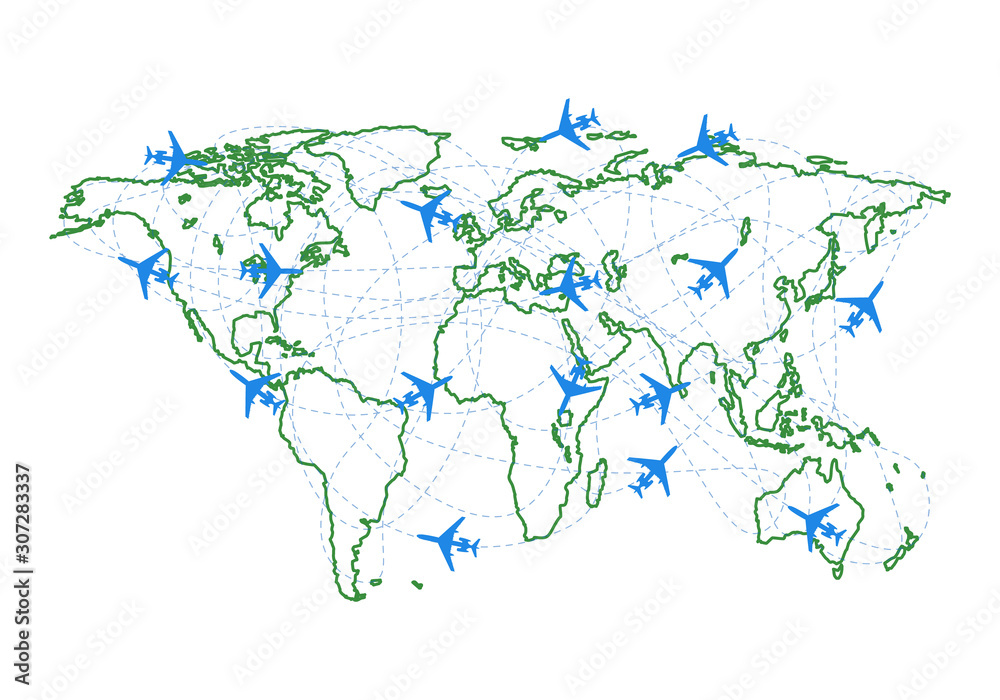 Fototapeta premium Planes silhouettes on the map with dotted route. Concept of travel, cargo transportation. Vector illustration.