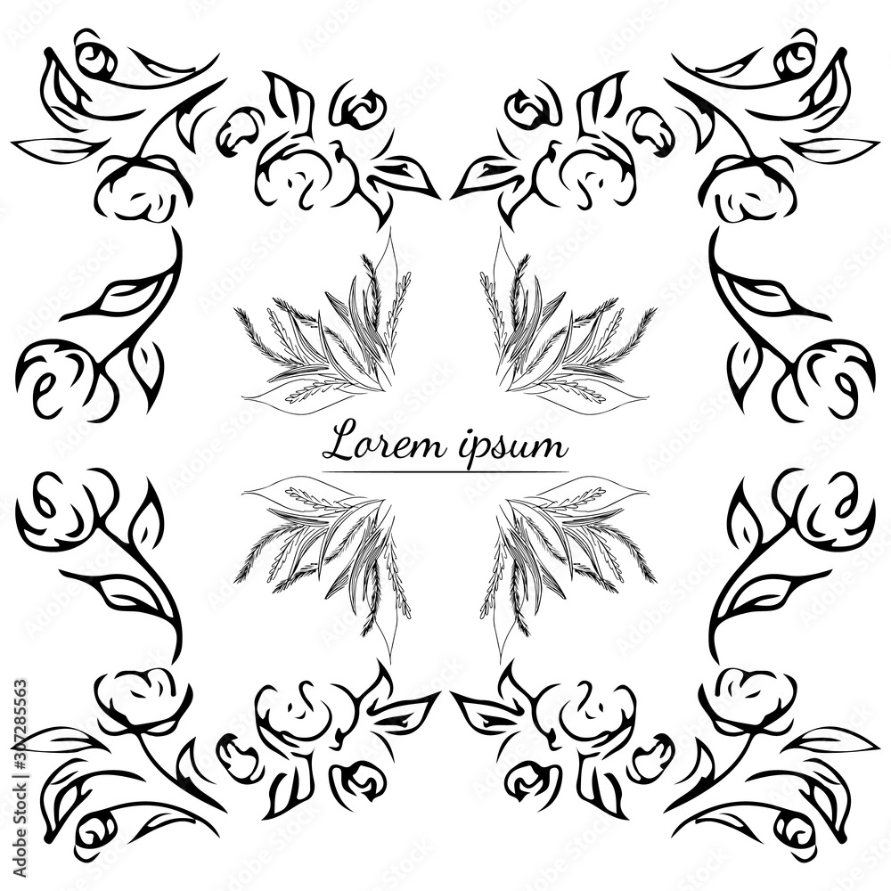 Tropical hand drawn floral frames. Outline set. Jungle foliage illustration. Floral set. Hand drawing. Vector isolated collection. Natural spring wedding card. Summer tropical leaf. Botanical frames Tropical hand drawn floral frames. Outline set. Jungle foliage illustration. Floral set. Hand drawing. Vector isolated collection. Natural spring wedding card. Summer tropical leaf. Botanical frames
