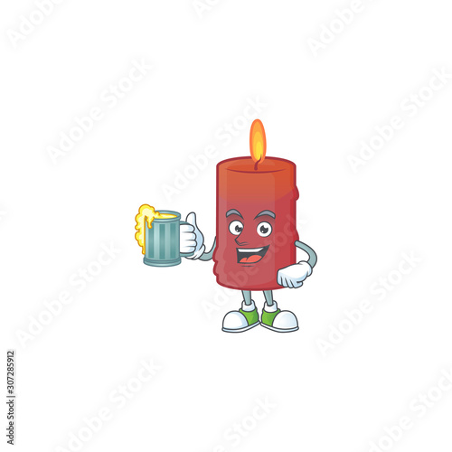 Happy red candle holding a glass of beer